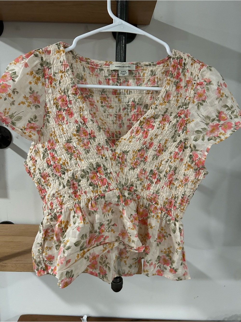 American Eagle Outfitters Cream Floral Smocked Peplum Blouse